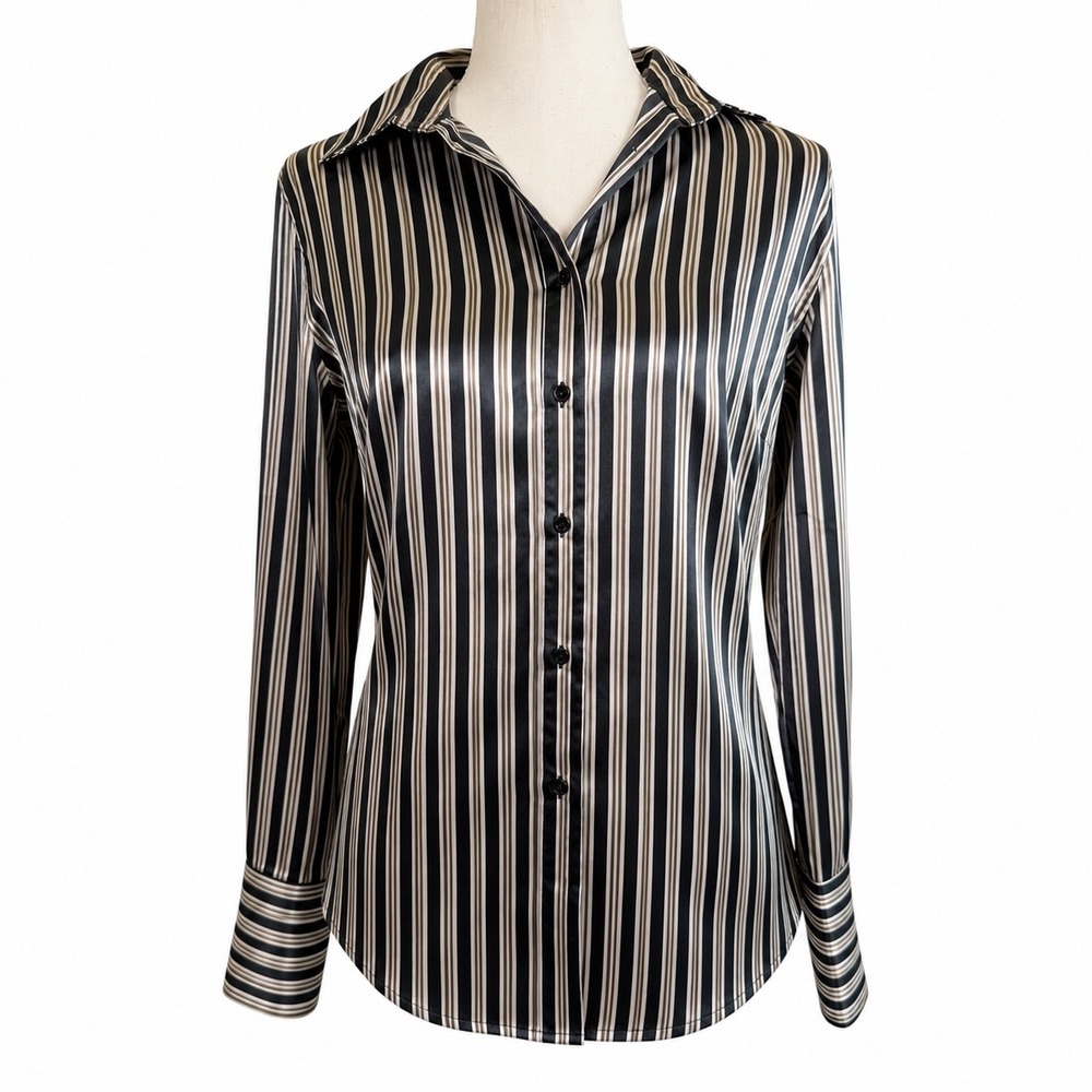 Zara Basic Striped Satin Stretch Button Down Shirt Womens S Black White Office - Picture 2 of 10